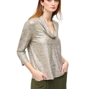 Joseph Ribkoff Foiled Knit Cowl Neck Top | 14 | Metallic Gold Silver 3/4 Sleeves